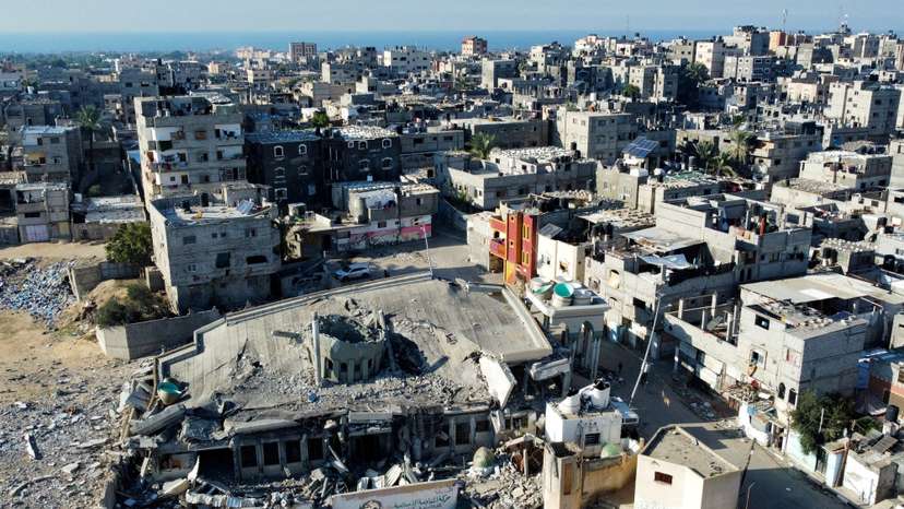 A mosque destroyed in Israeli strikes during the conflict lies in ruin, in Khan Younis