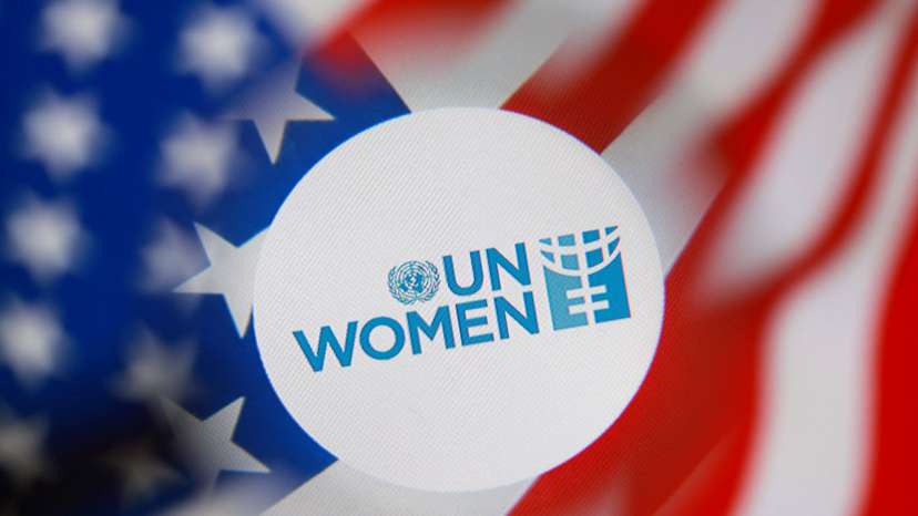 Illustration shows UN WOMEN logo and U.S. flag
