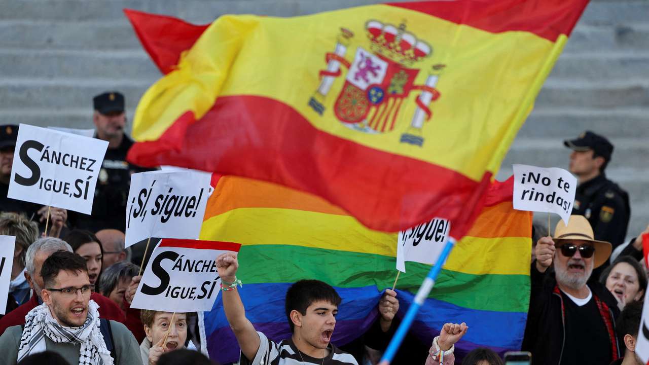 People march to show support for Spain's PM Sanchez, in Madrid