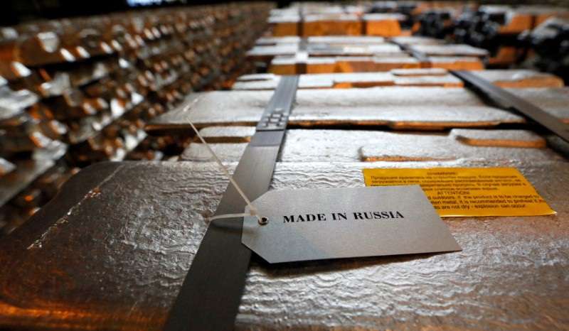 FILE PHOTO: Aluminium ingots are stored at the foundry shop of the Rusal Krasnoyarsk aluminium smelter in Krasnoyarsk