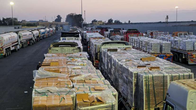 Trucks carrying humanitarian aid and fuel at the Rafah border on the Egypt side