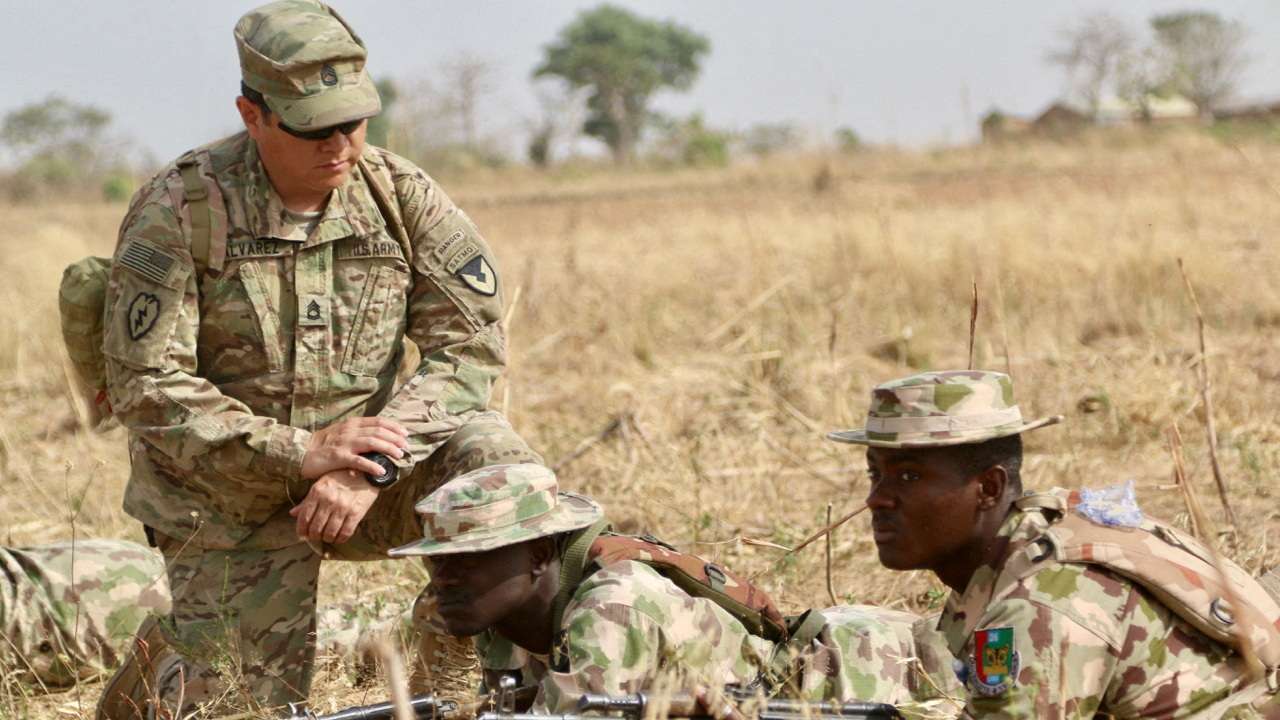 FILE PHOTO: A U.S. Army soldier trains Nigerian Army soldiers at a military compound in Jaji, Nigeria
