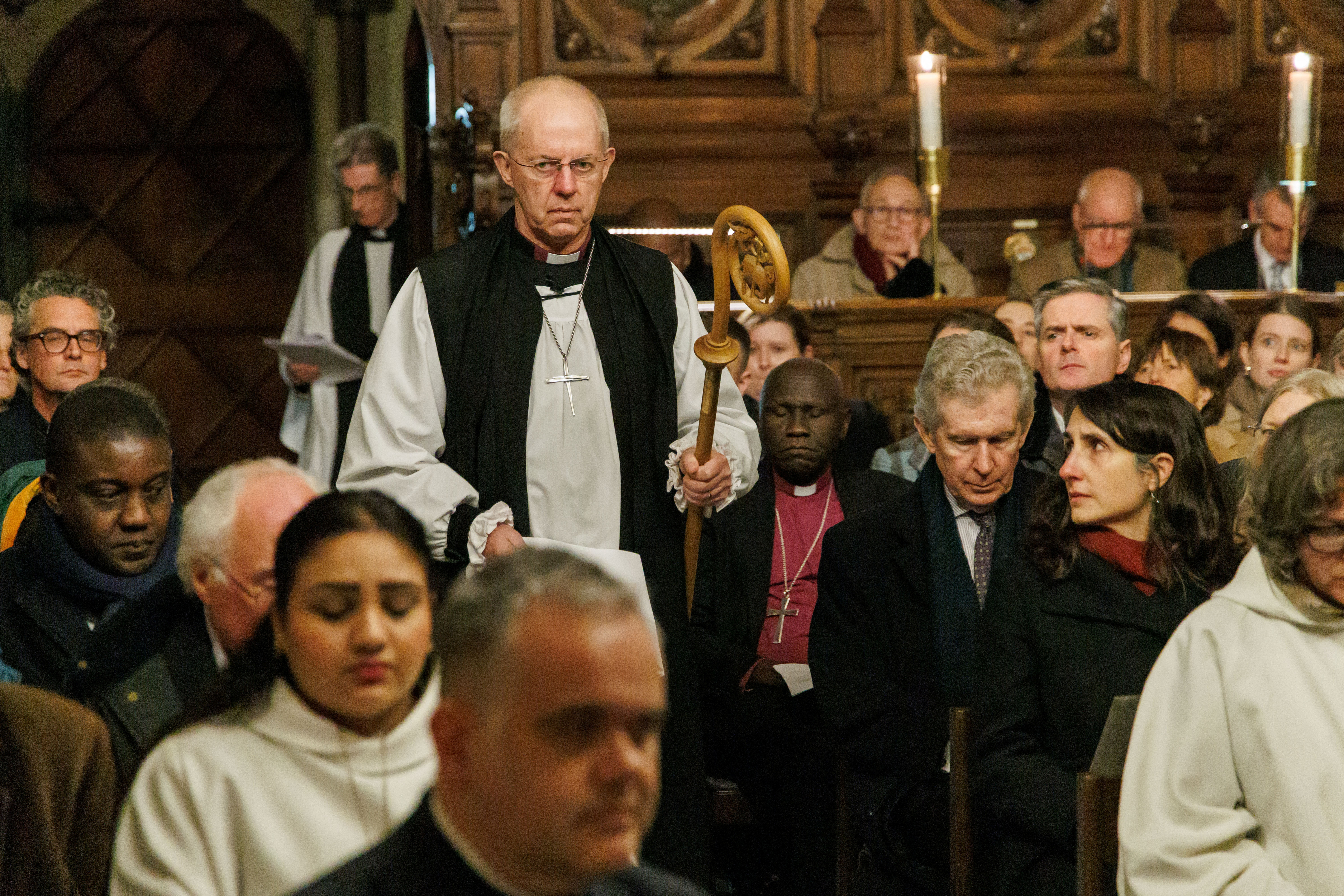 Archbishop of Canterbury Justin Welby lays down his pastoral staff on the altar at the chapel in Lambeth Palace, London