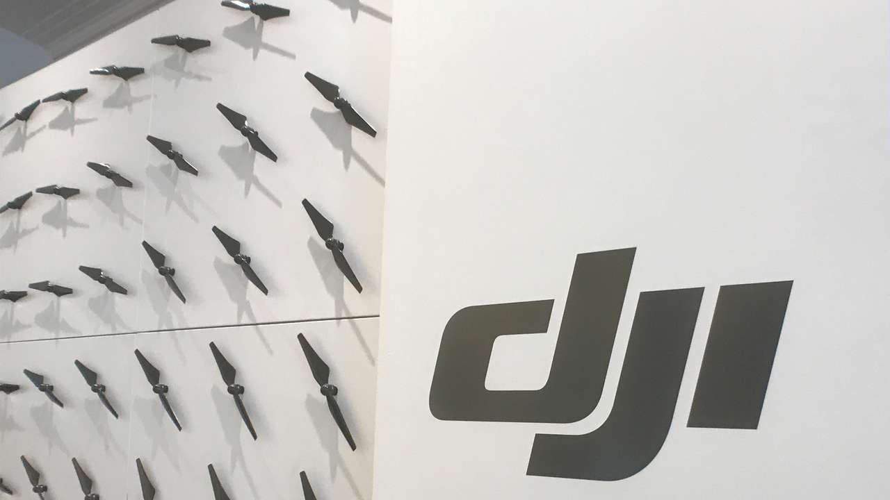 The logo of Chinese drone maker DJI is seen at the company's office in New York