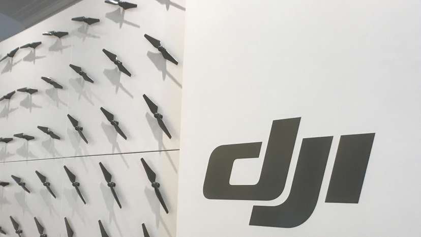 The logo of Chinese drone maker DJI is seen at the company's office in New York