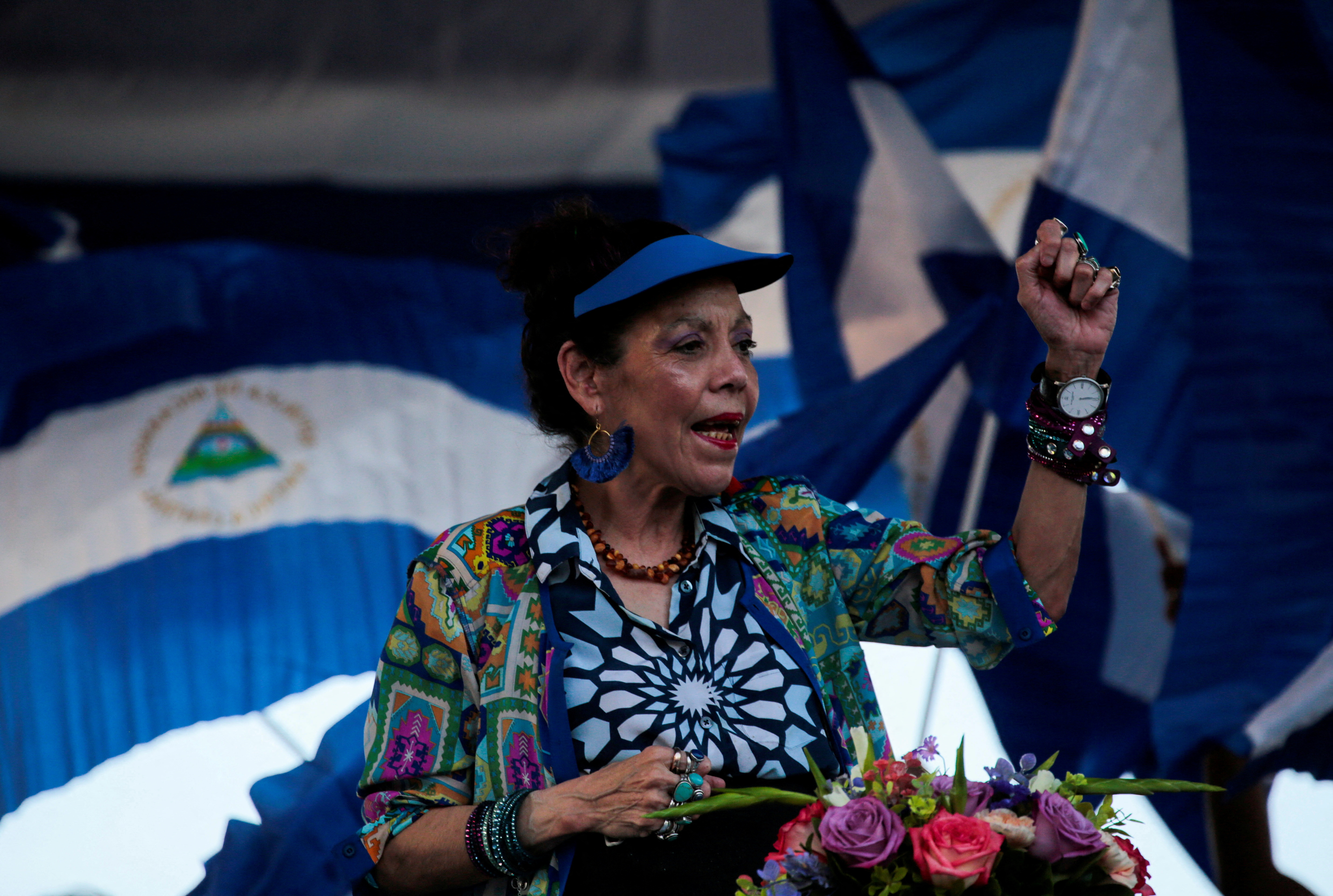 FILE PHOTO: Nicaraguan Vice-President Rosario Murillo sings revolutionary songs during a march called "We walk for peace and life. Justice" in Managua, Nicaragua
