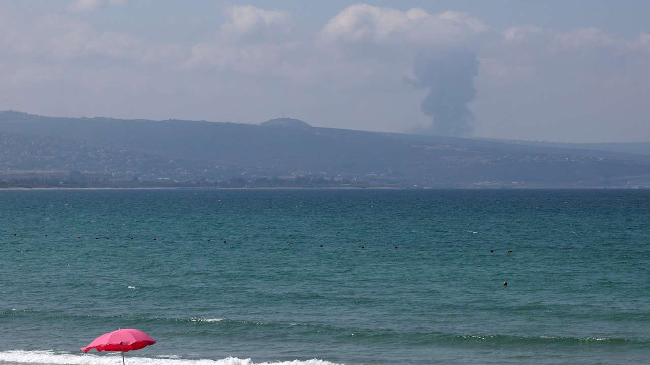 A view shows smoke on the Lebanese side of the border with Israel, as seen from Tyre