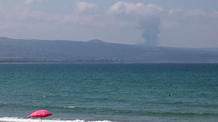 A view shows smoke on the Lebanese side of the border with Israel, as seen from Tyre