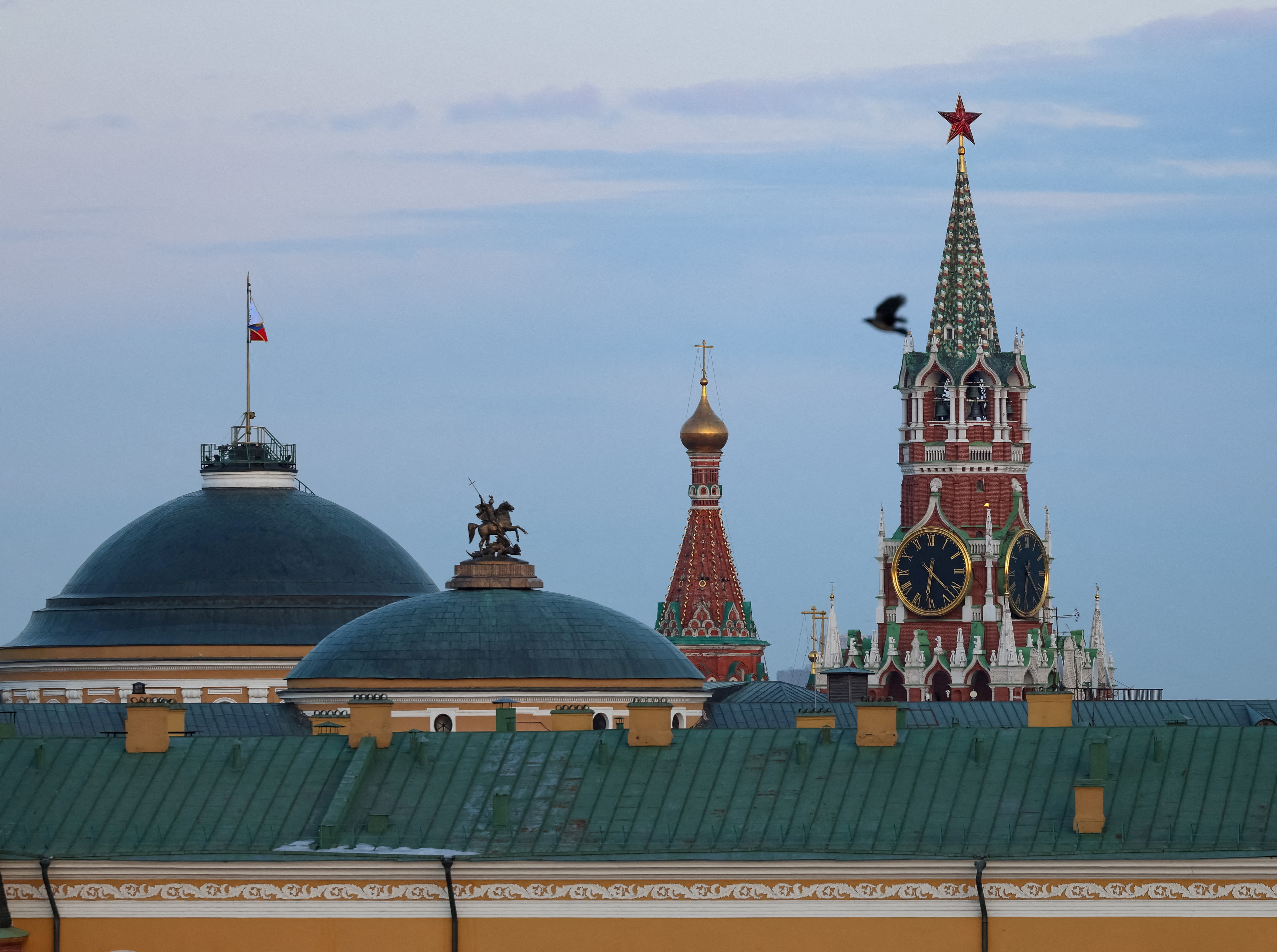 FILE PHOTO: A bird flies with backdrop of the Kremlin in Moscow