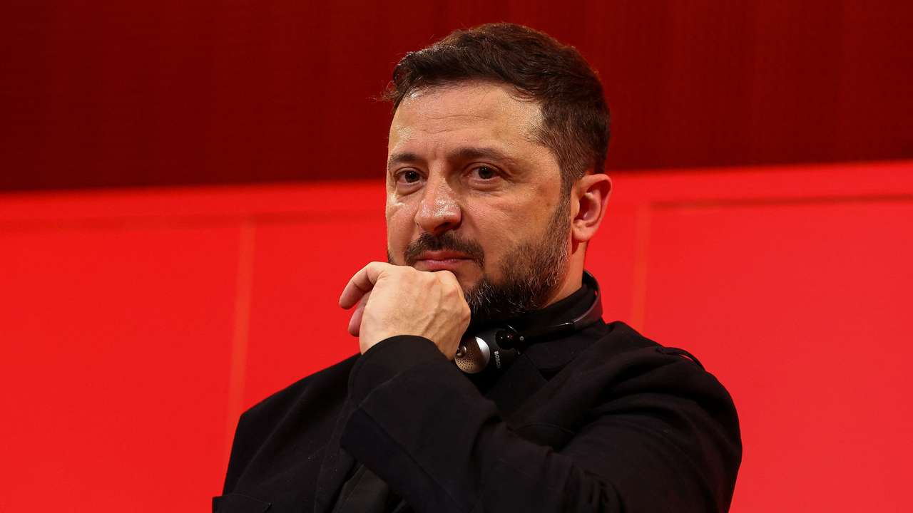 Ukrainian President Volodymyr Zelenskiy attends a panel at Paris's Sciences Po university