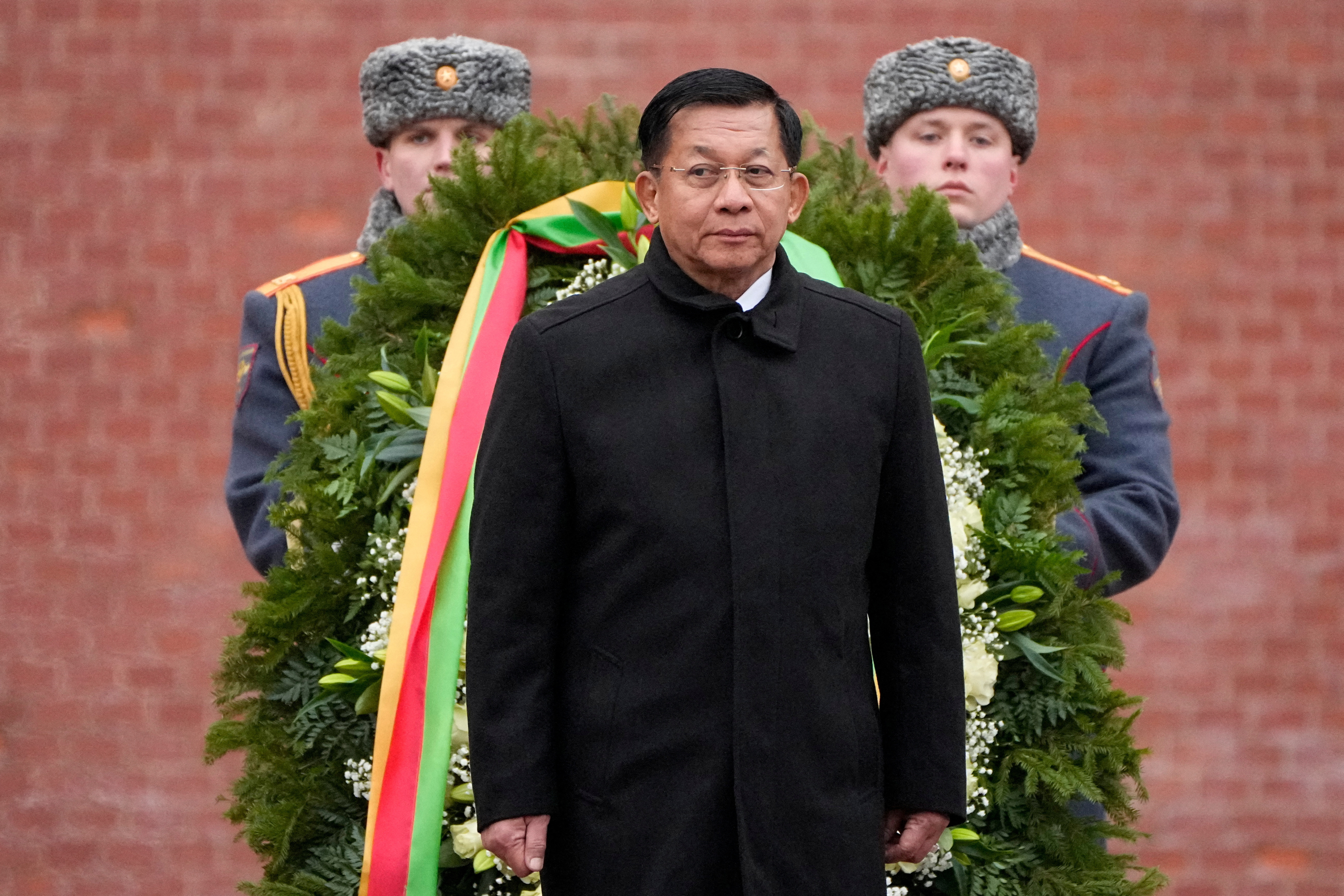 FILE PHOTO: Myanmar's military chief Min Aung Hlaing attends a wreath-laying ceremony in Moscow