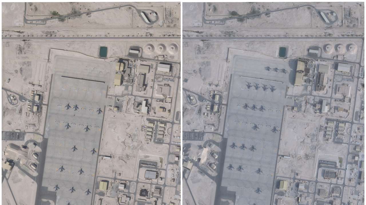 A combination of satellite images shows aircraft at the Al-Udeid Air Base, near Doha, Qatar, January 17, 2026, and February 1, 2026