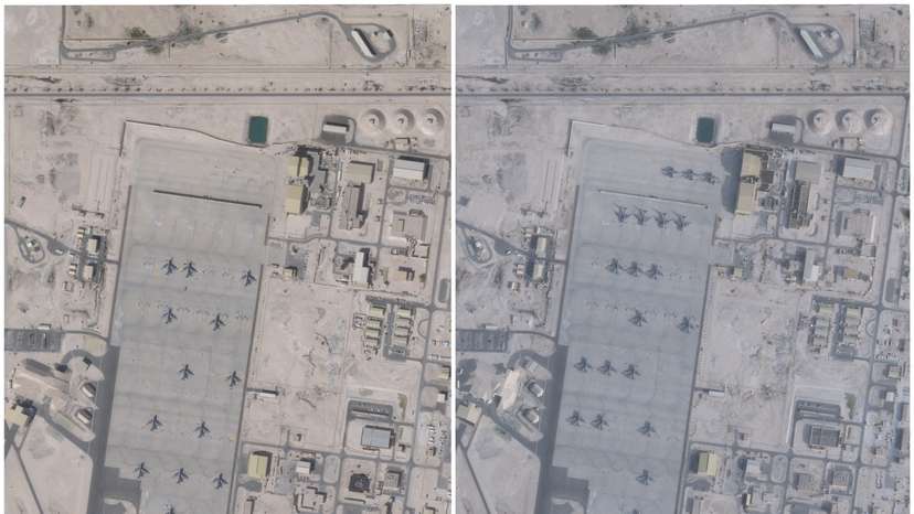 A combination of satellite images shows aircraft at the Al-Udeid Air Base, near Doha, Qatar, January 17, 2026, and February 1, 2026