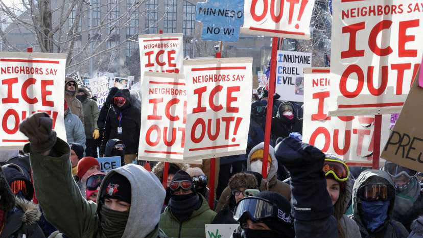 People protest U.S. President Donald Trump's deployment of thousands of immigration enforcement officers on the streets of Minneapolis