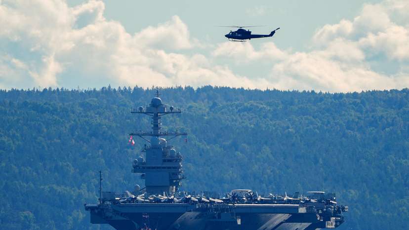 U.S. aircraft carrier USS Gerald R. Ford on its way out of the Oslofjord