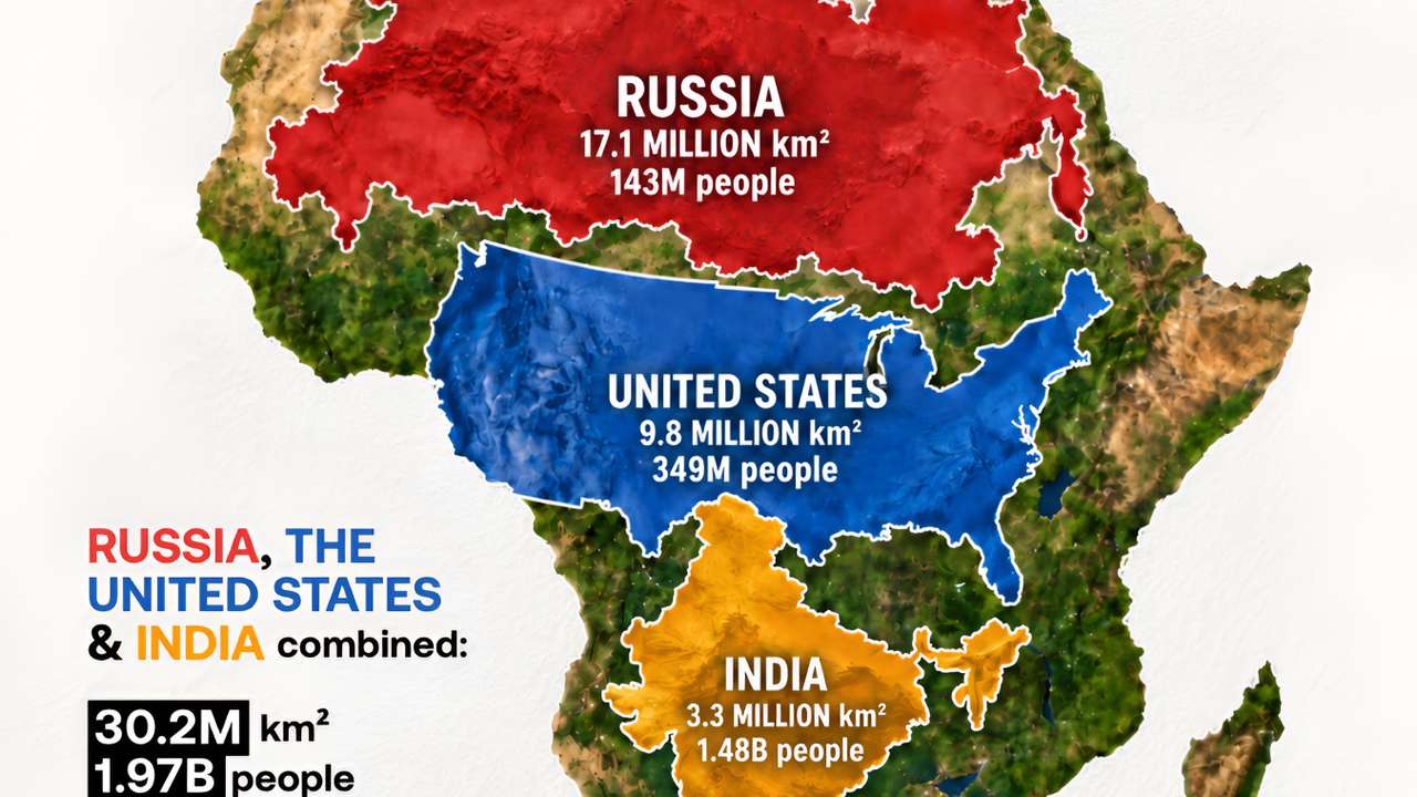Africa is almost the same size as Russia, the US and India combined