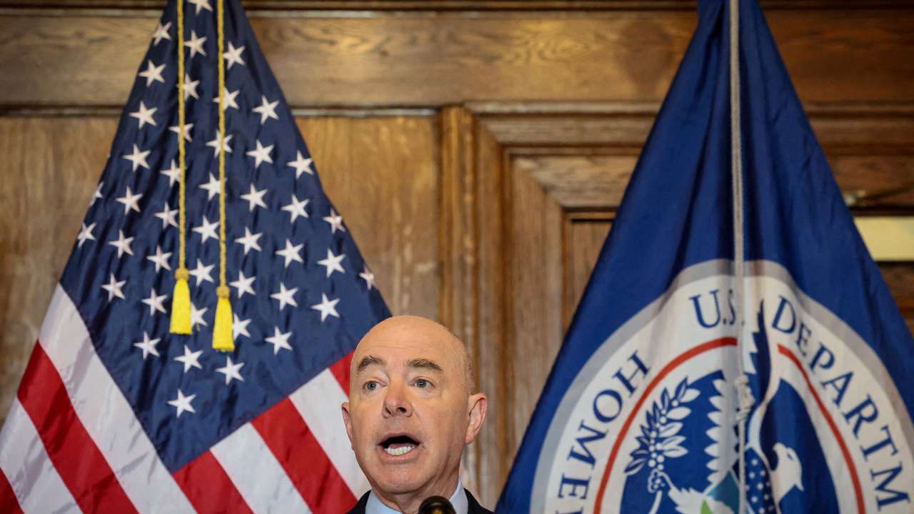 FILE PHOTO: Department of Homeland Security (DHS) Secretary Mayorkas speaks at a news conference in New York