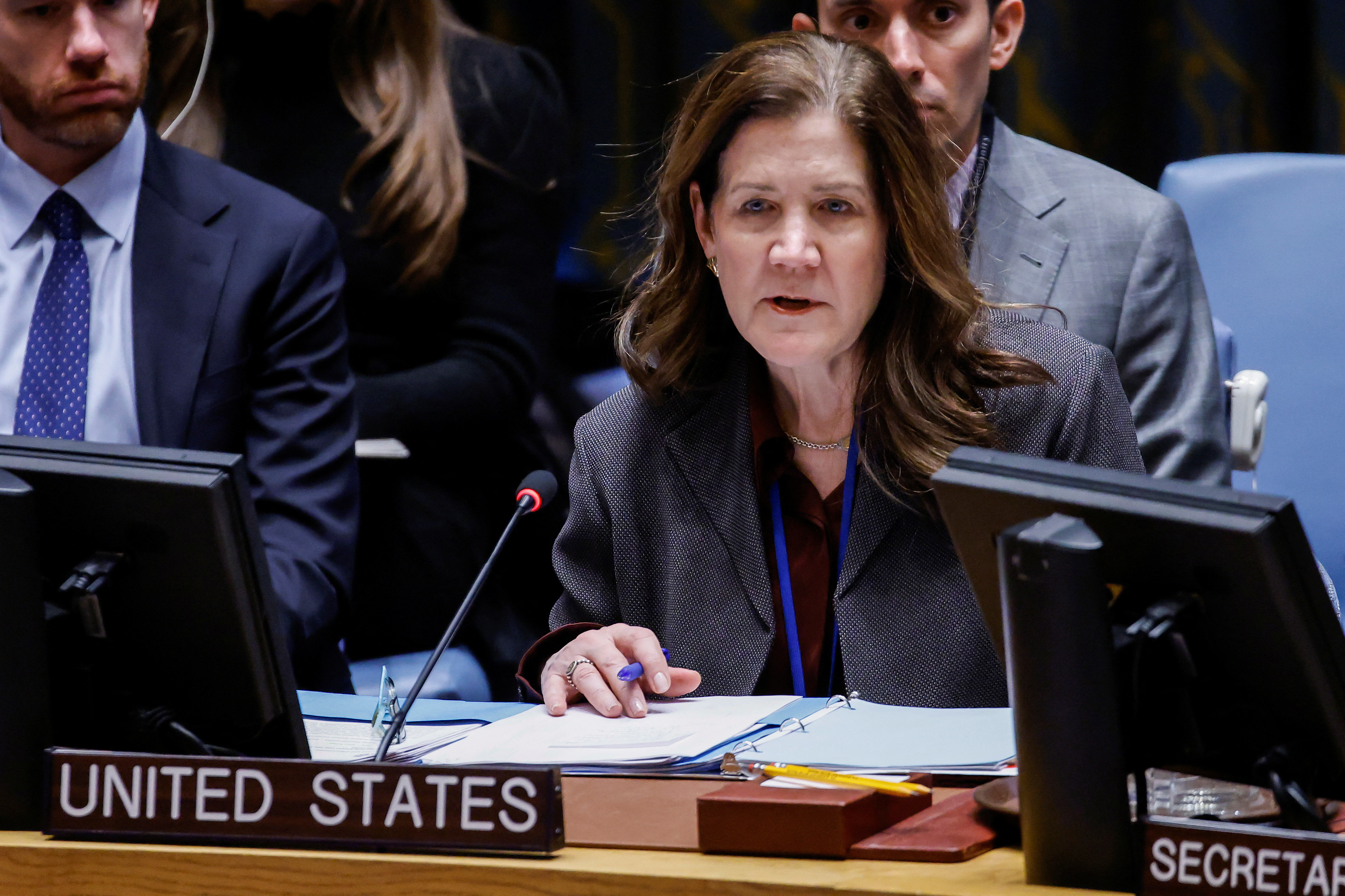 UN Security Council members attend a meeting about the Middle East situation, including the Palestinian Question at United nations Headquarters in New York