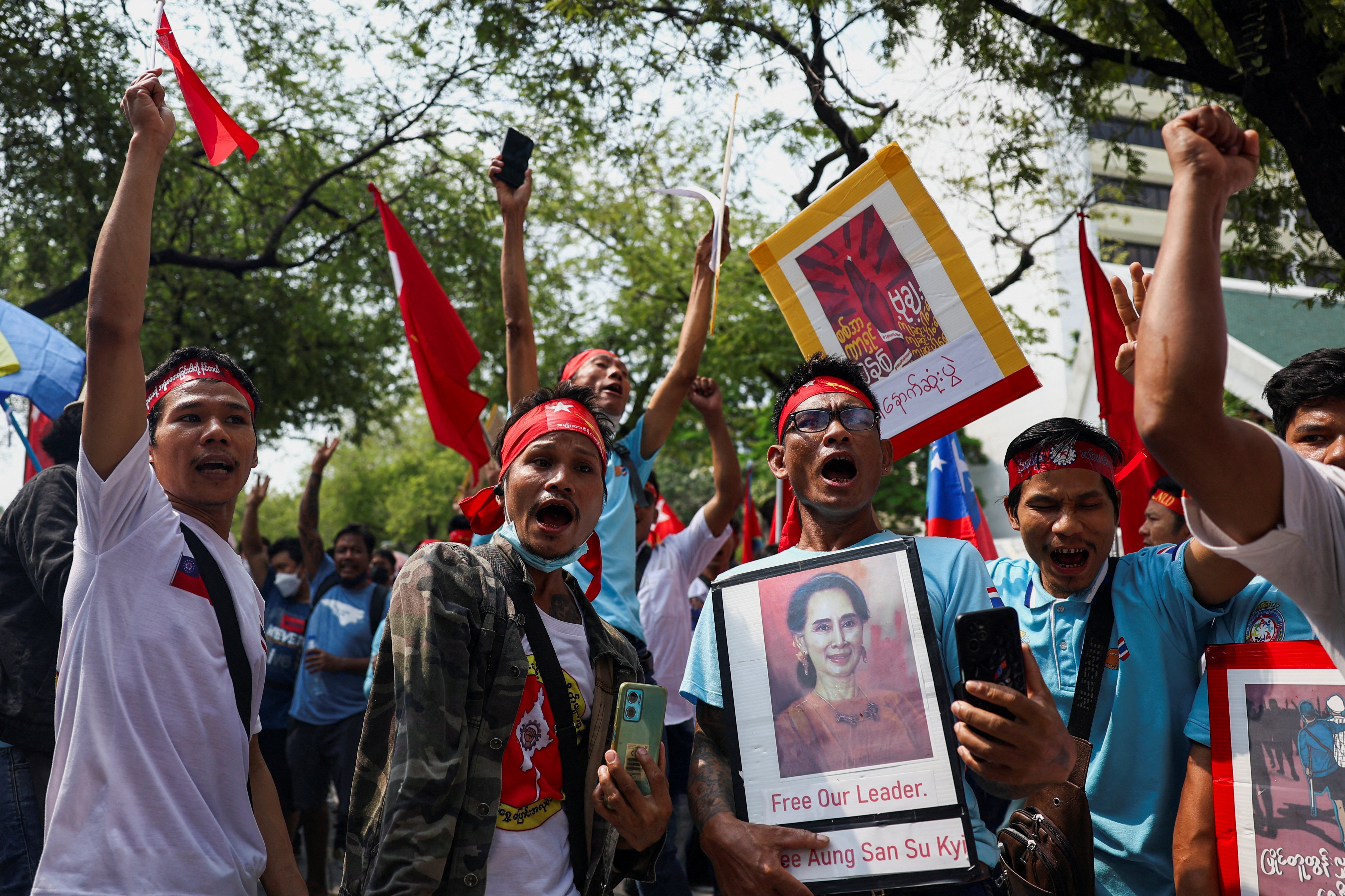 Protest marking the third anniversary of Myanmar’s 2021 military coup outside of the United Nations office in Bangkok