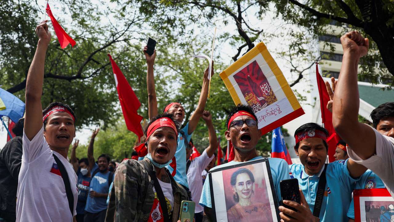 Protest marking the third anniversary of Myanmar’s 2021 military coup outside of the United Nations office in Bangkok