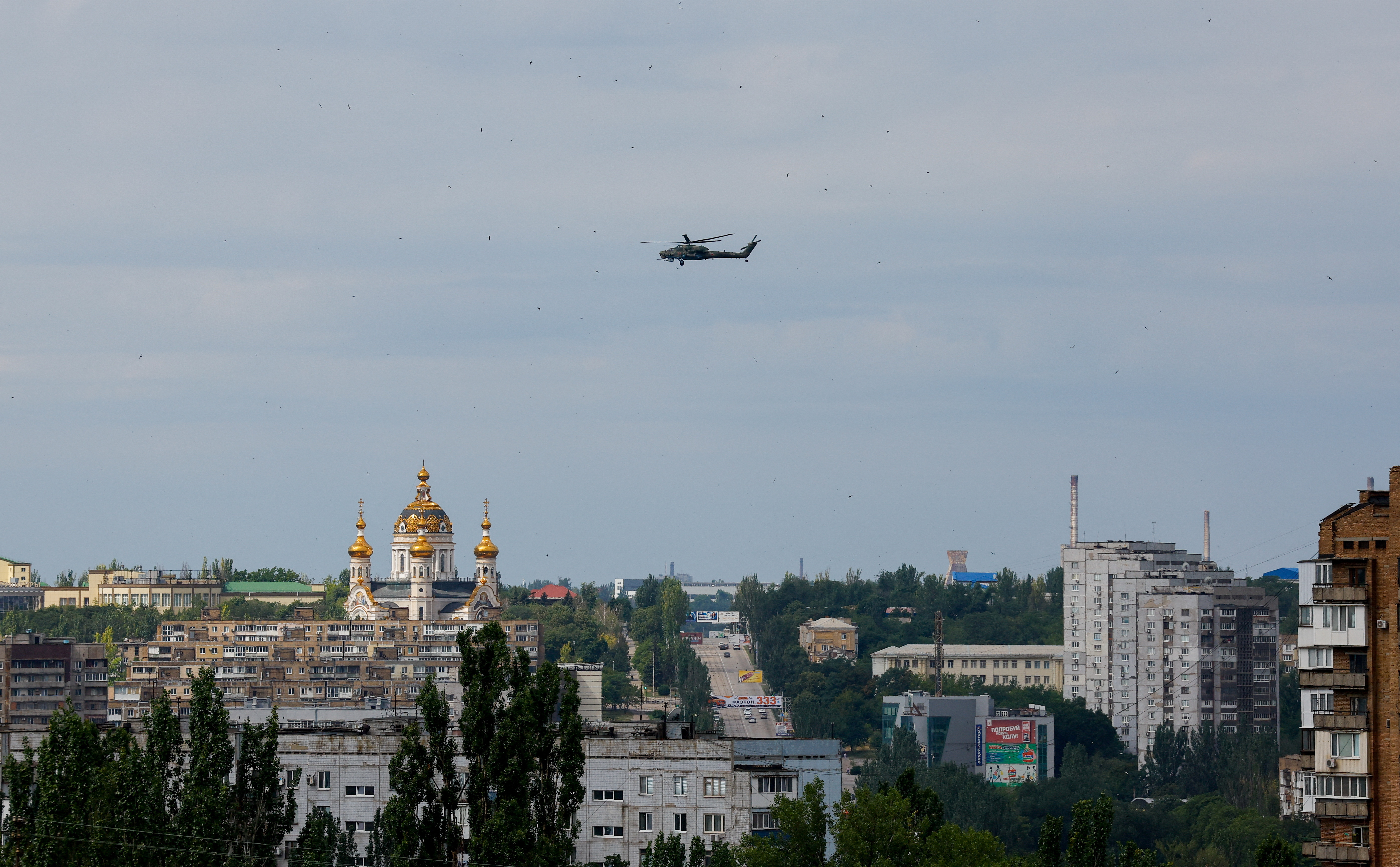 A Russian military helicopter over Donetsk amid Russia-Ukraine conflict