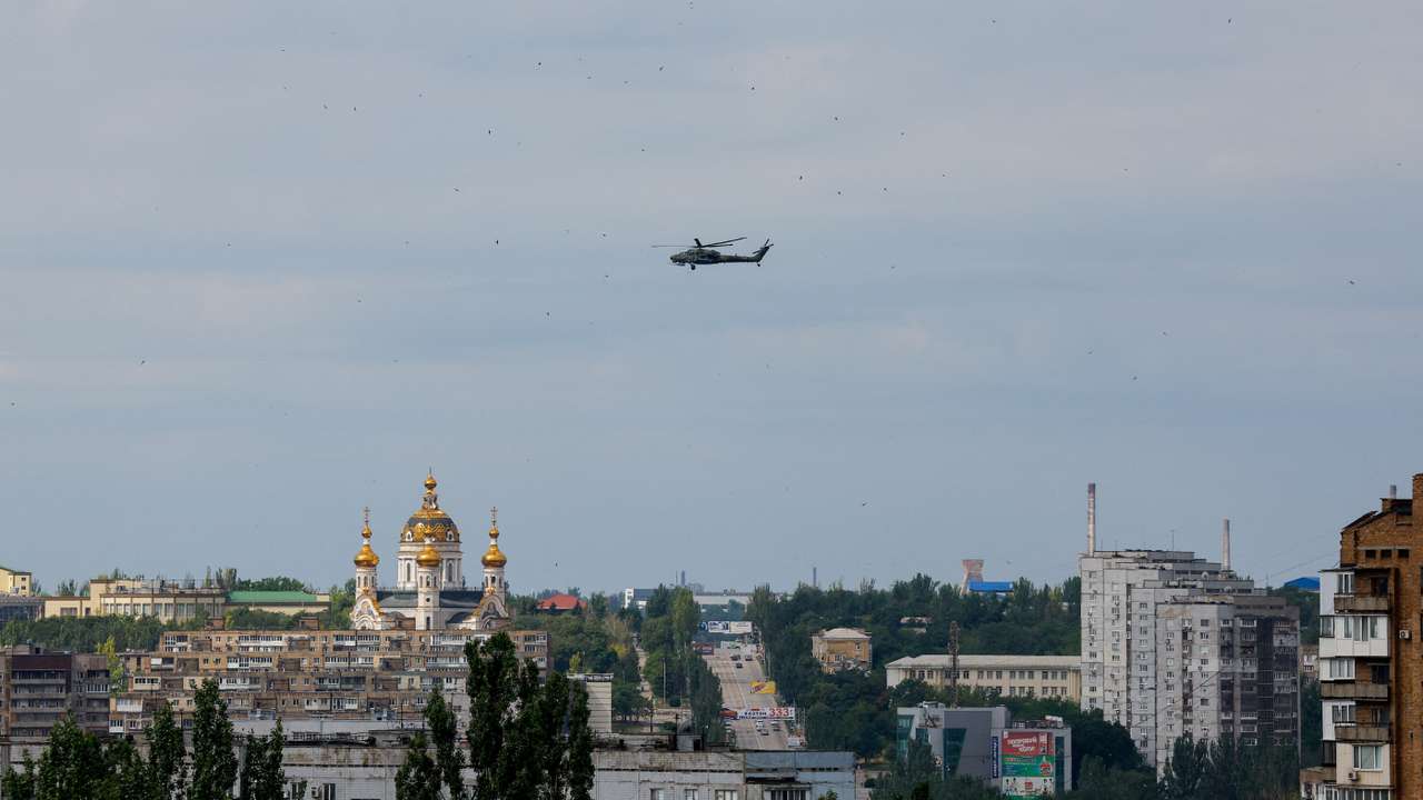 A Russian military helicopter over Donetsk amid Russia-Ukraine conflict