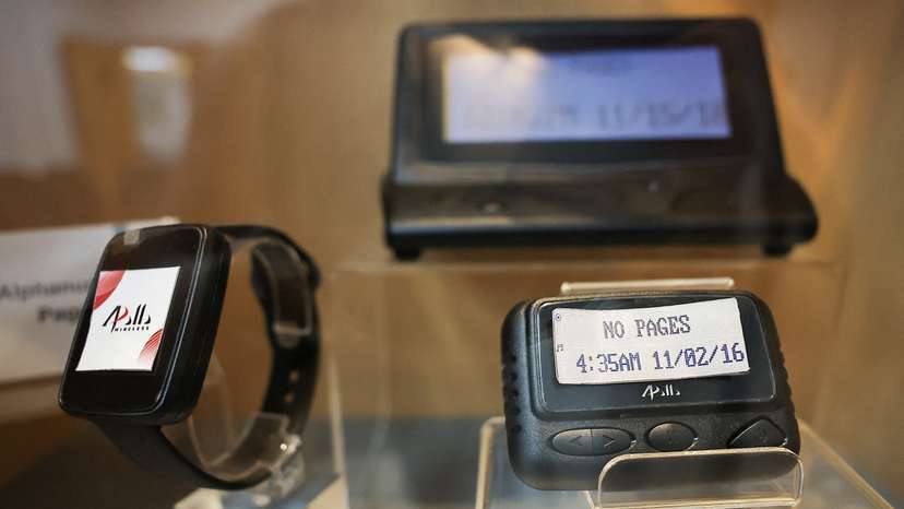 Pagers on display at a meeting room in the Gold Apollo company in New Taipei City
