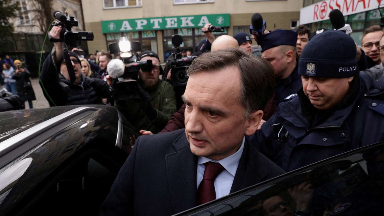 FILE PHOTO: Member of the PiS party and former Poland's Justice Minister Zbigniew Ziobro detained by police to be brought to testify before the Pegasus Investigation Committee, in Warsaw