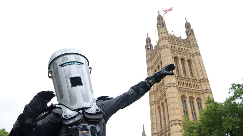 Satirical 'Count Binface' poses during interview with Reuters, ahead of challenge to UK PM Sunak for parliament seat in general election, in London