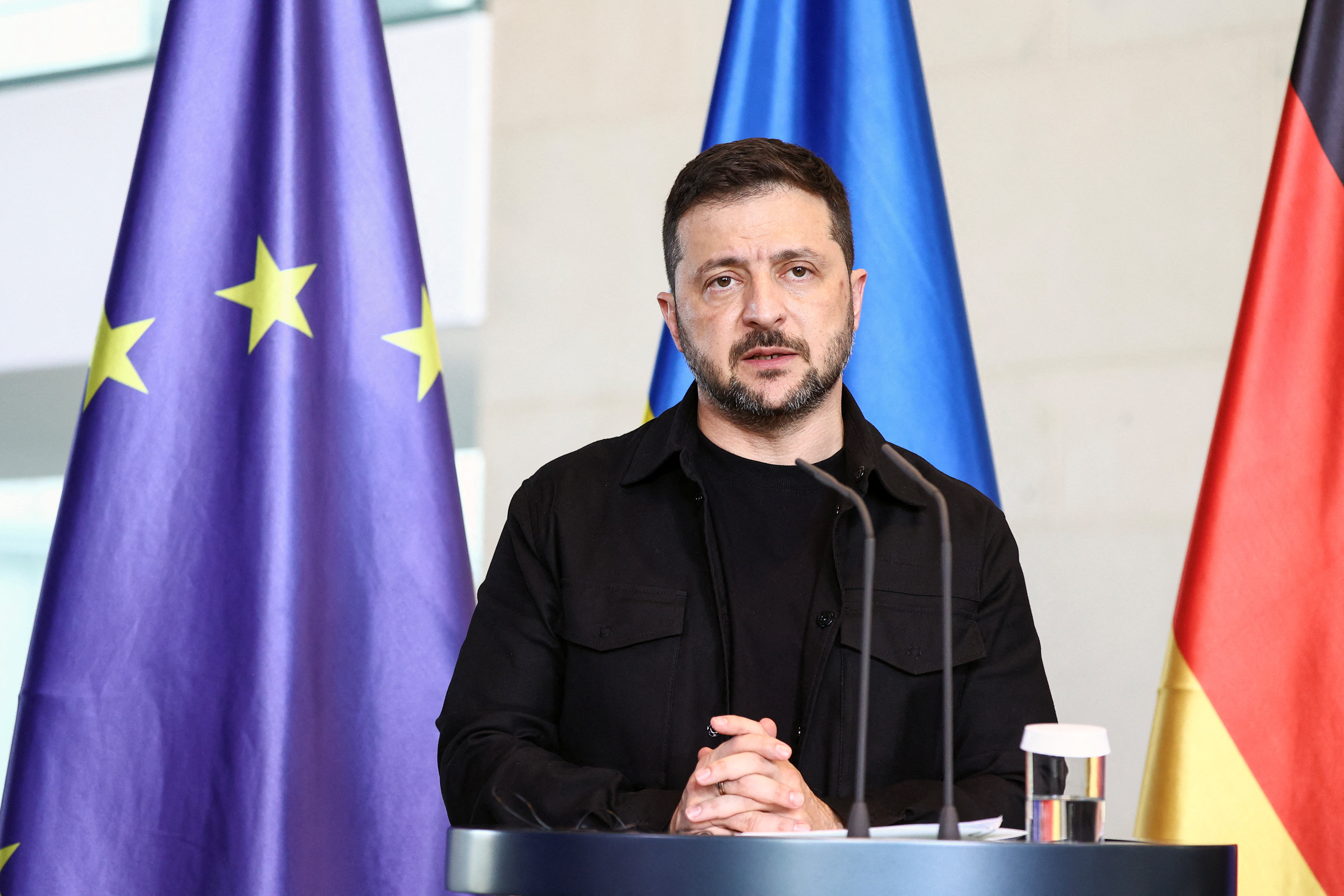 German Chancellor Merz and Ukrainian President Volodymyr Zelenskiy attend a press conference, in Berlin