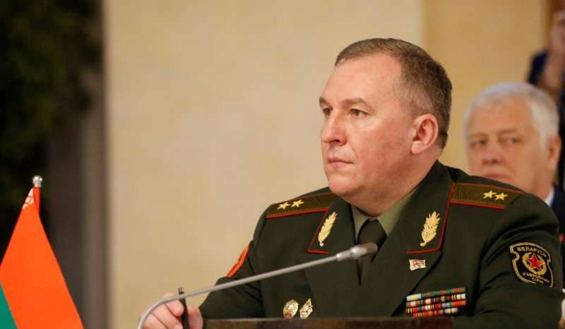 Belarusian Defence Minister Viktor Khrenin attends a meeting of the CSTO Defence Ministers' Council in Almaty