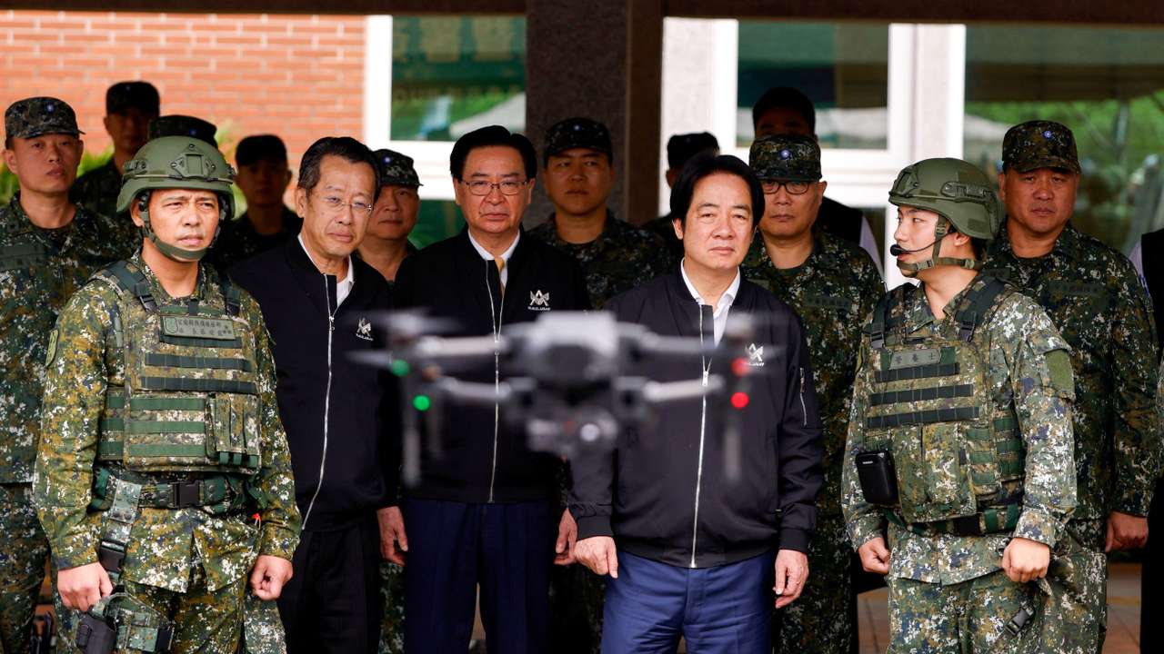 Taiwan President Lai Ching-te inspects reservists operating a Taiwan made Hummer 2 Drone during a training session at Loung Te Industrial Parks Service Center in Yilan