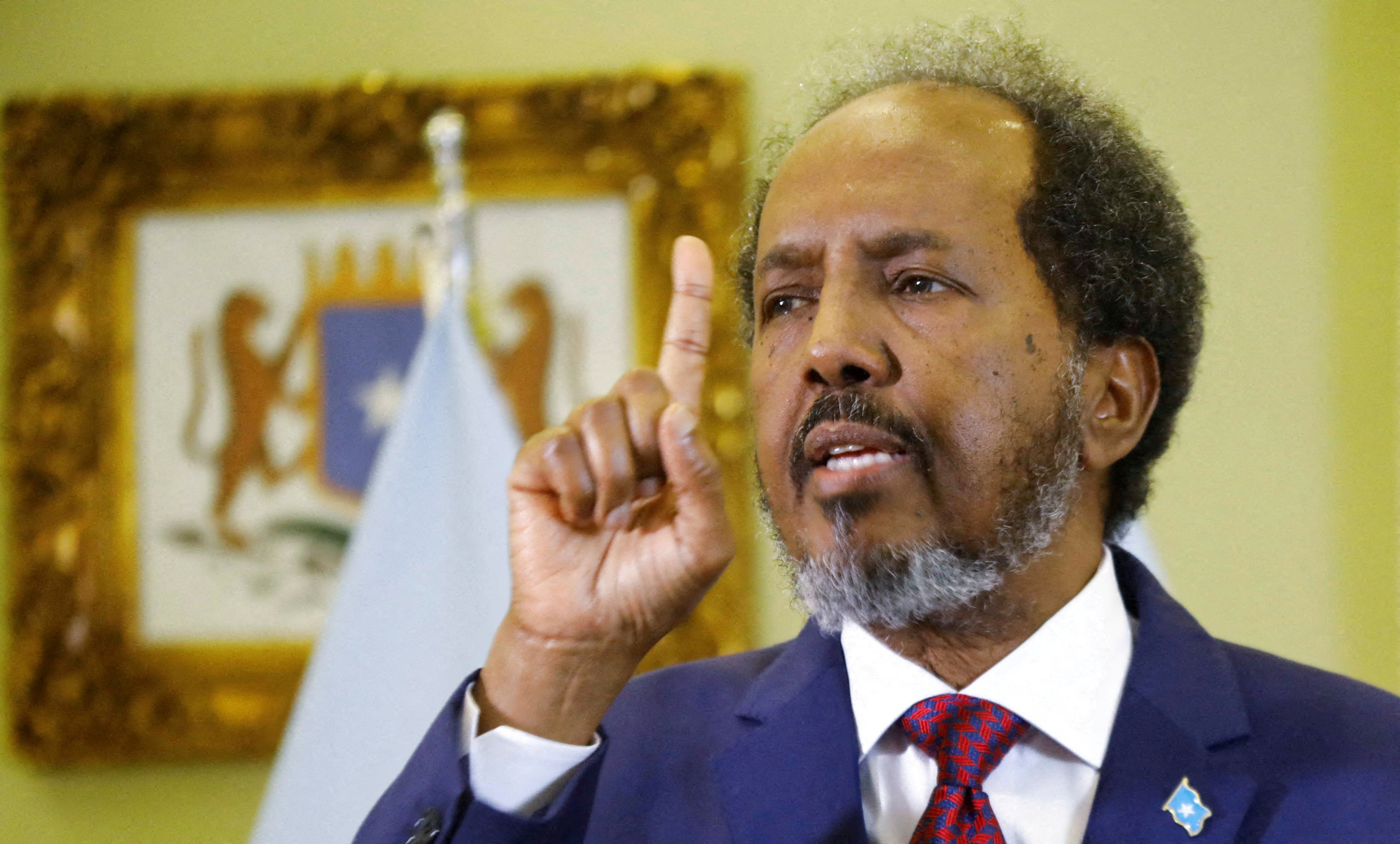 FILE PHOTO: Somalia's President Hassan Sheikh Mohamud addresses the media inside his office in Mogadishu