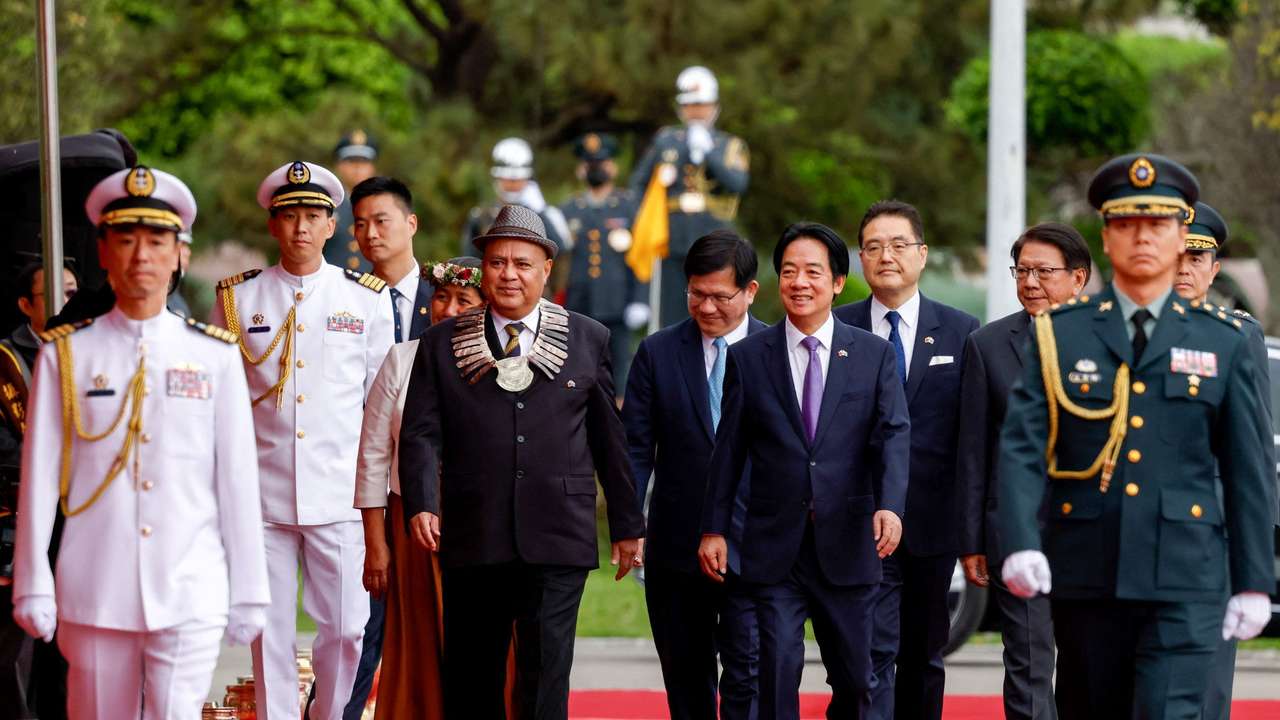 Taiwan President Lai Ching-te welcomes Tuvalu Prime Minister Feleti Teo in front of the presidential office in Taipei
