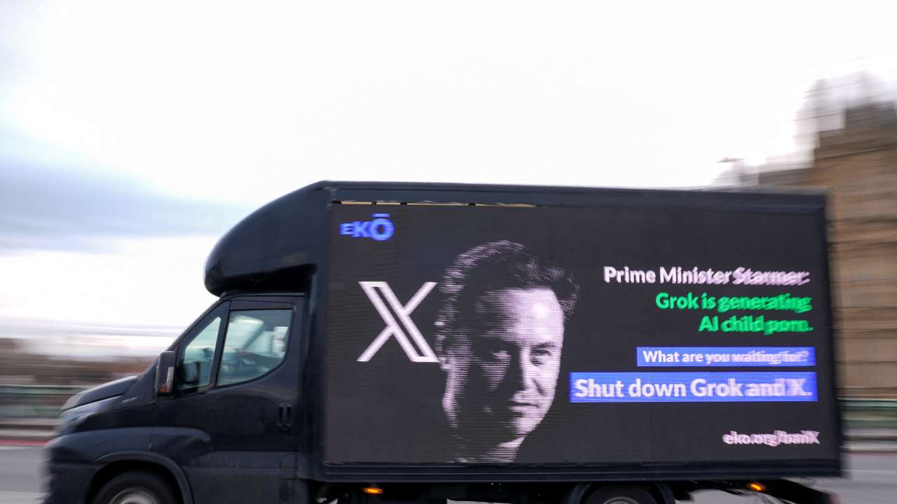 A billboard organised by corporate accountability group Eko passes through Westminster urging the Prime Minister to stand up to Elon Musk and ban X and Grok, in London
