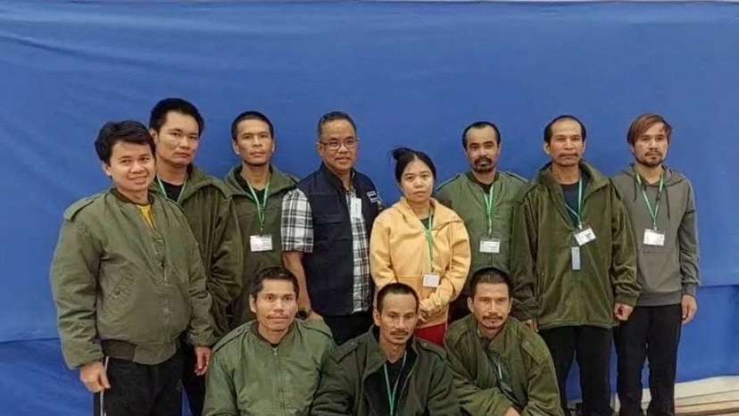 Thai workers taken hostage by Hamas after their release in Tel Aviv