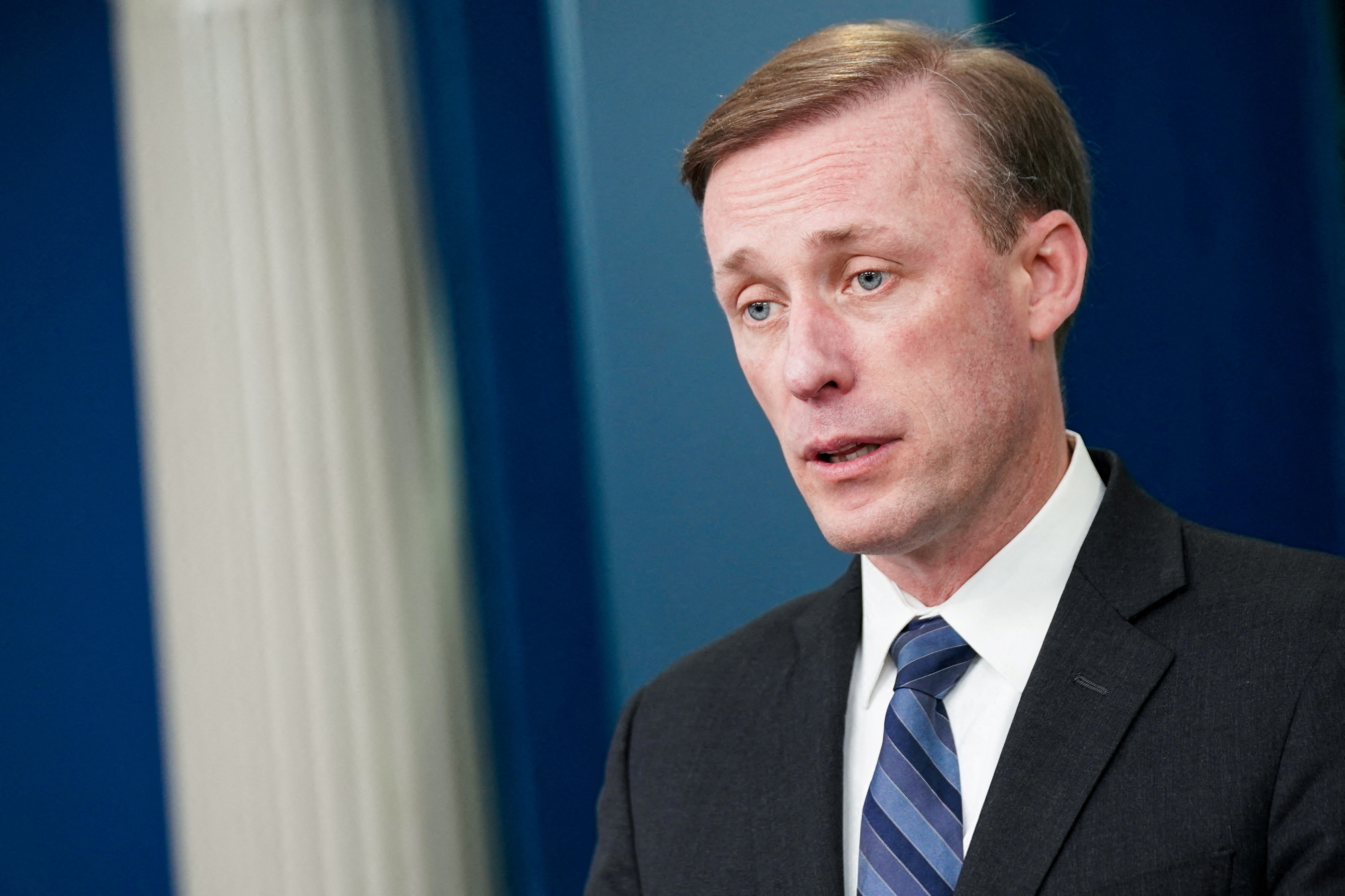 FILE PHOTO: White House National Security Advisor Jake Sullivan speaks at the White House in Washington