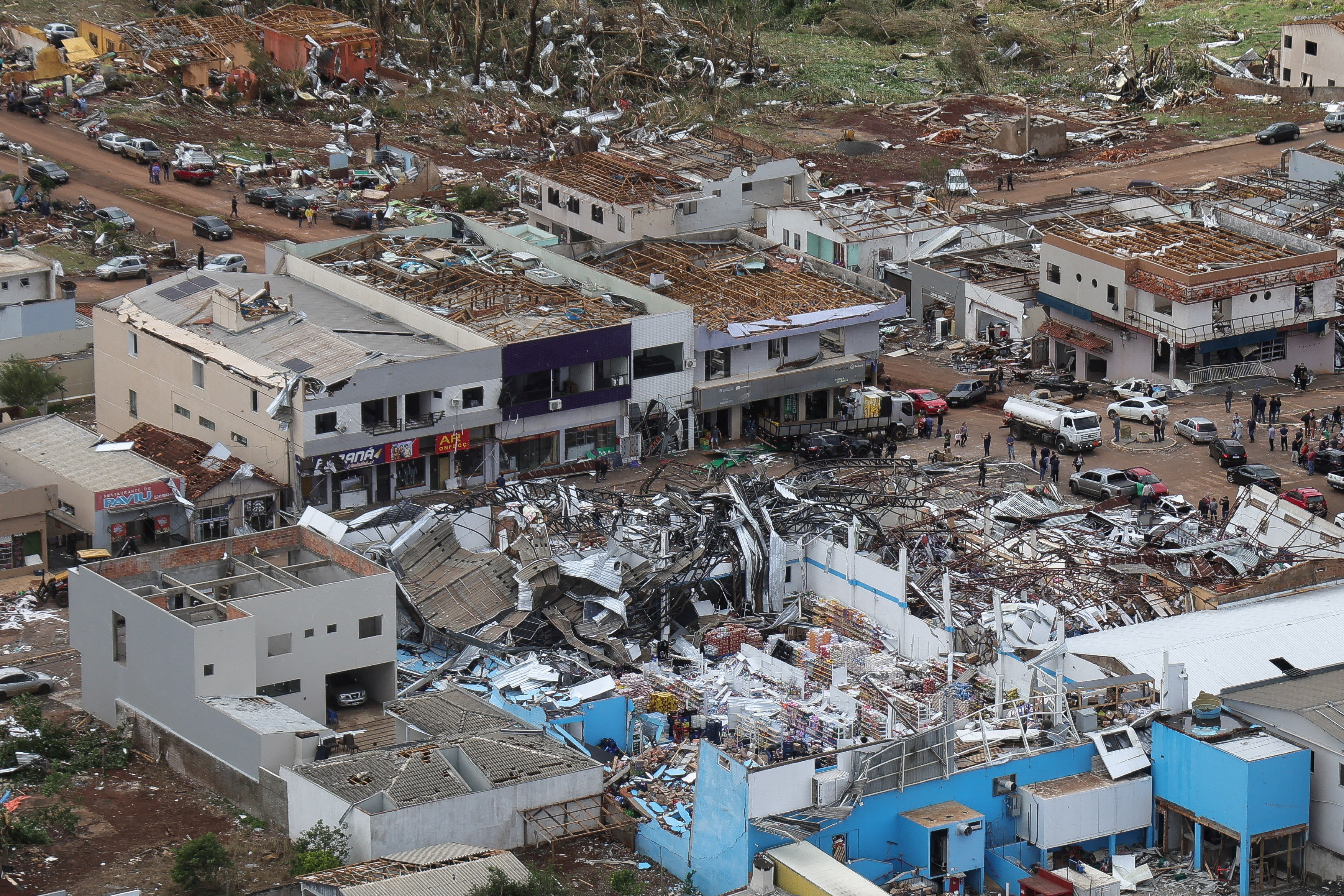 An aerial view shows damaged buildings after a tornado hit Rio Bonito do Iguacu