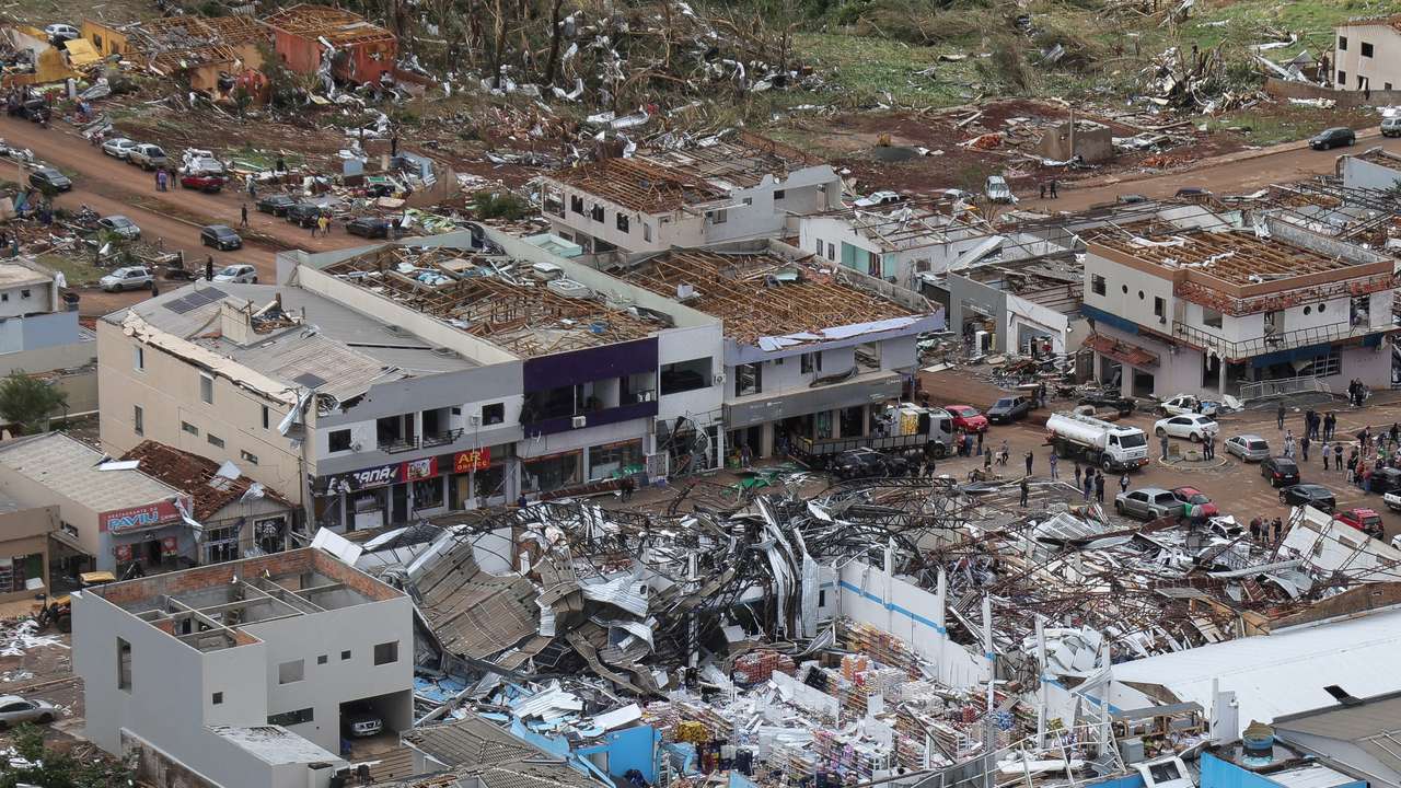 An aerial view shows damaged buildings after a tornado hit Rio Bonito do Iguacu