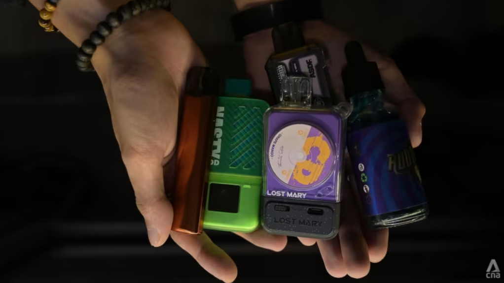 A variety of disposable vape devices are displayed at a shop in Johor Bahru, Malaysia on Nov 26, 2024