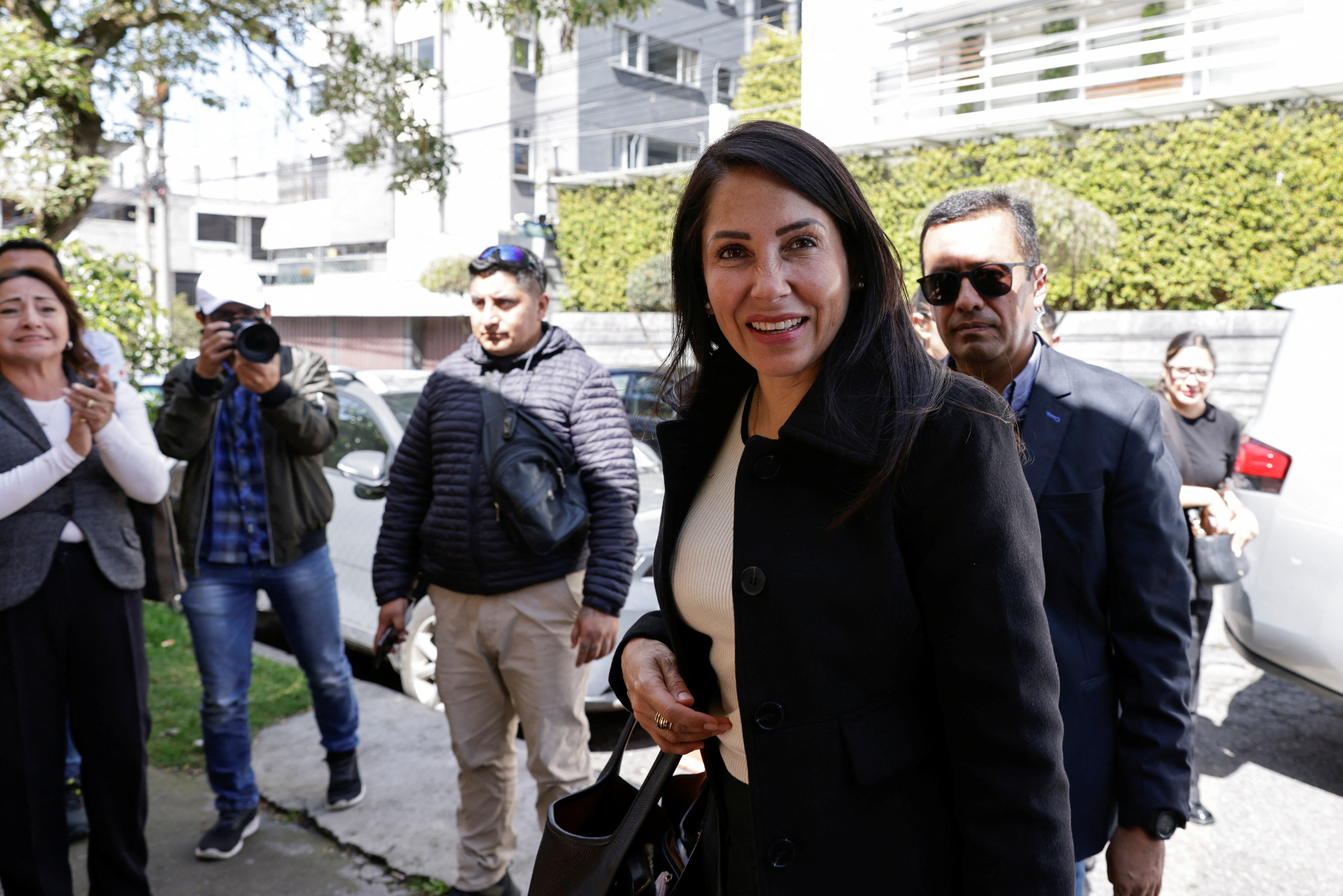 Ecuadorean presidential candidate Luisa Gonzalez gives an interview at a local radio station in Quito