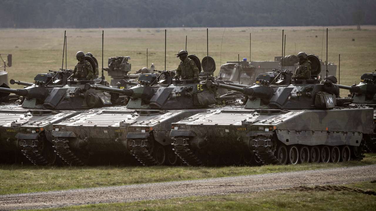 CV90 combat vehicles seen during the Aurora 23 military exercise at Rinkaby firing range outside Kristianstad