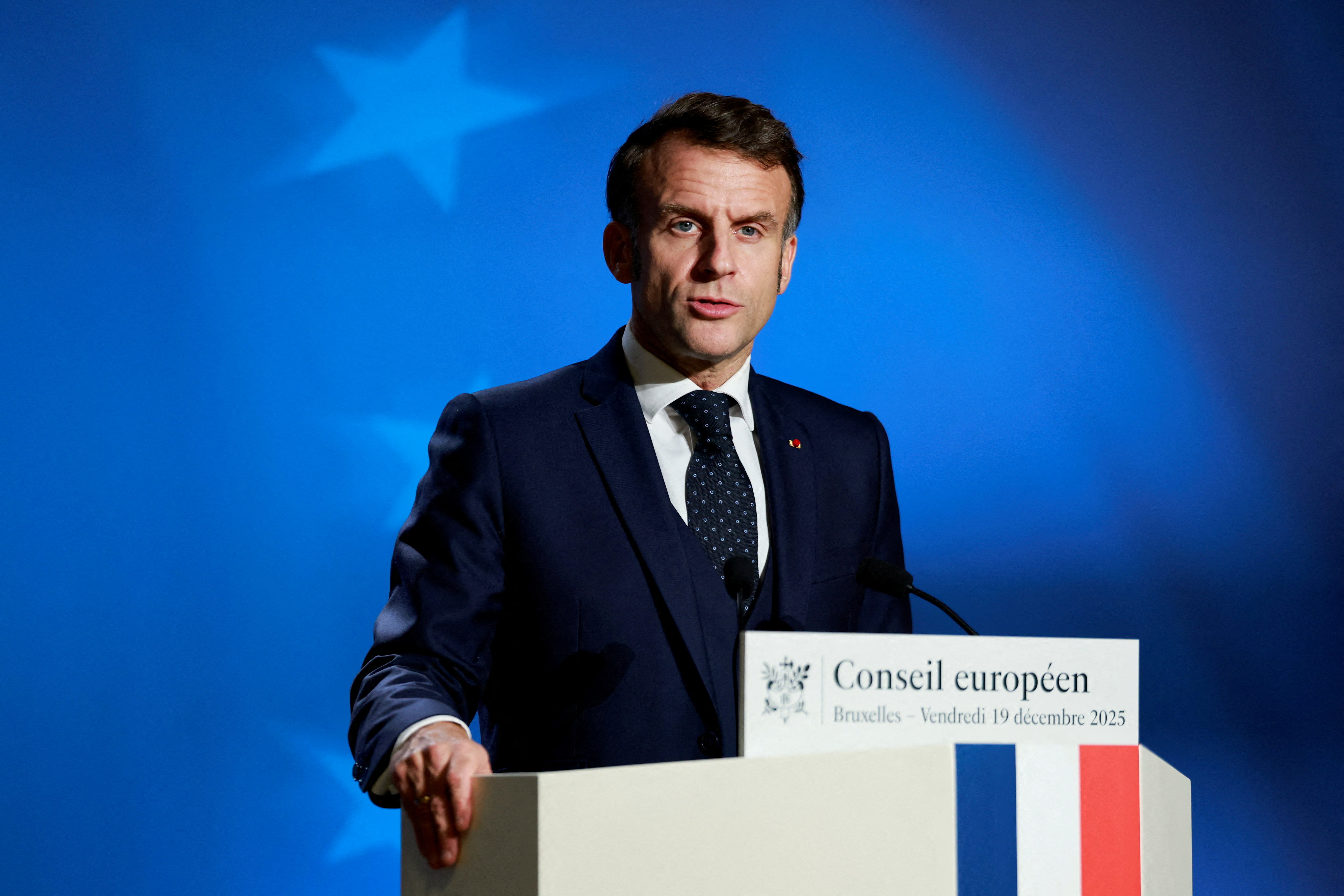 French President Emmanuel Macron holds a press conference during a European Union leaders' summit, in Brussels