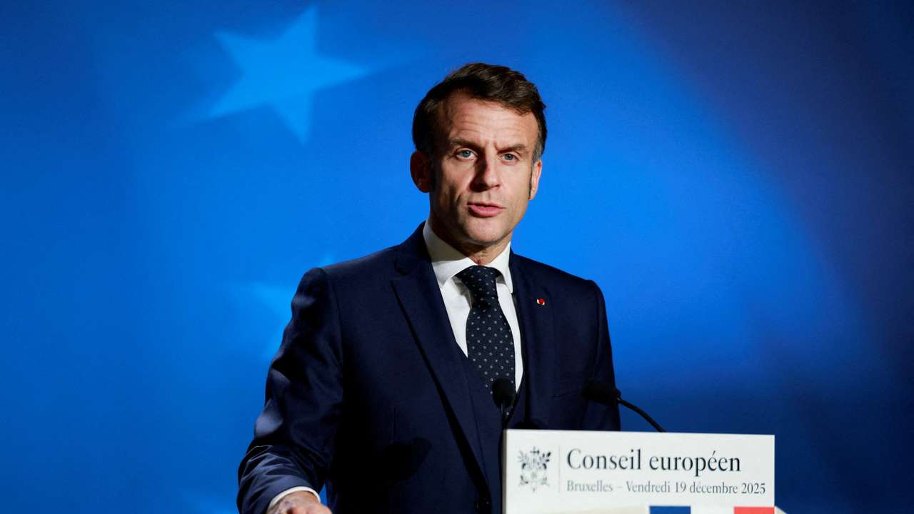 French President Emmanuel Macron holds a press conference during a European Union leaders' summit, in Brussels