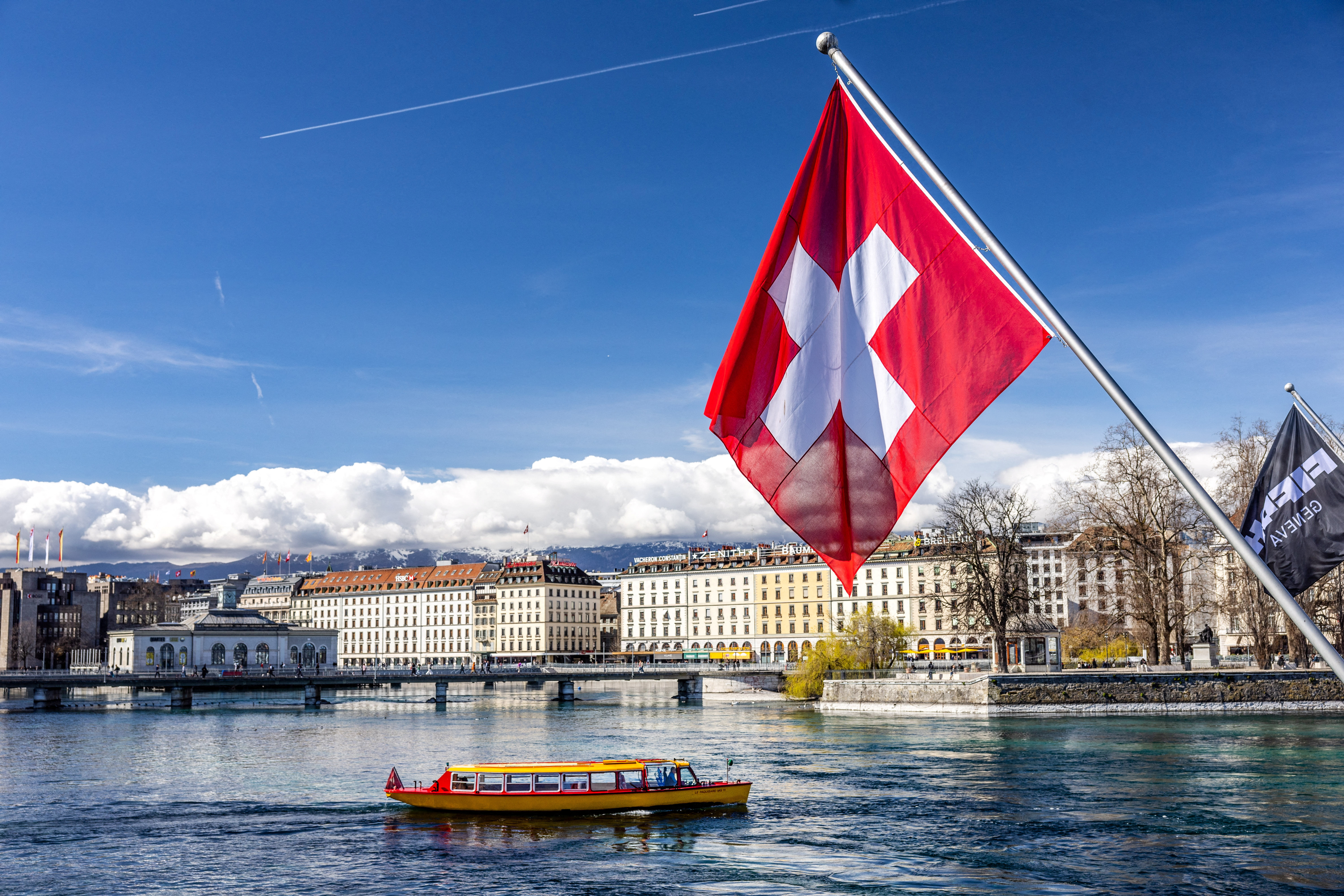 FILE PHOTO: Swiss flag is pictured at the Harbour in Geneva