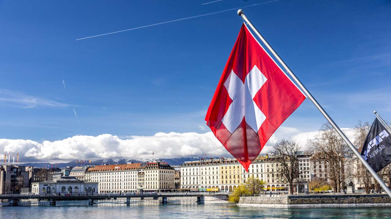 FILE PHOTO: Swiss flag is pictured at the Harbour in Geneva