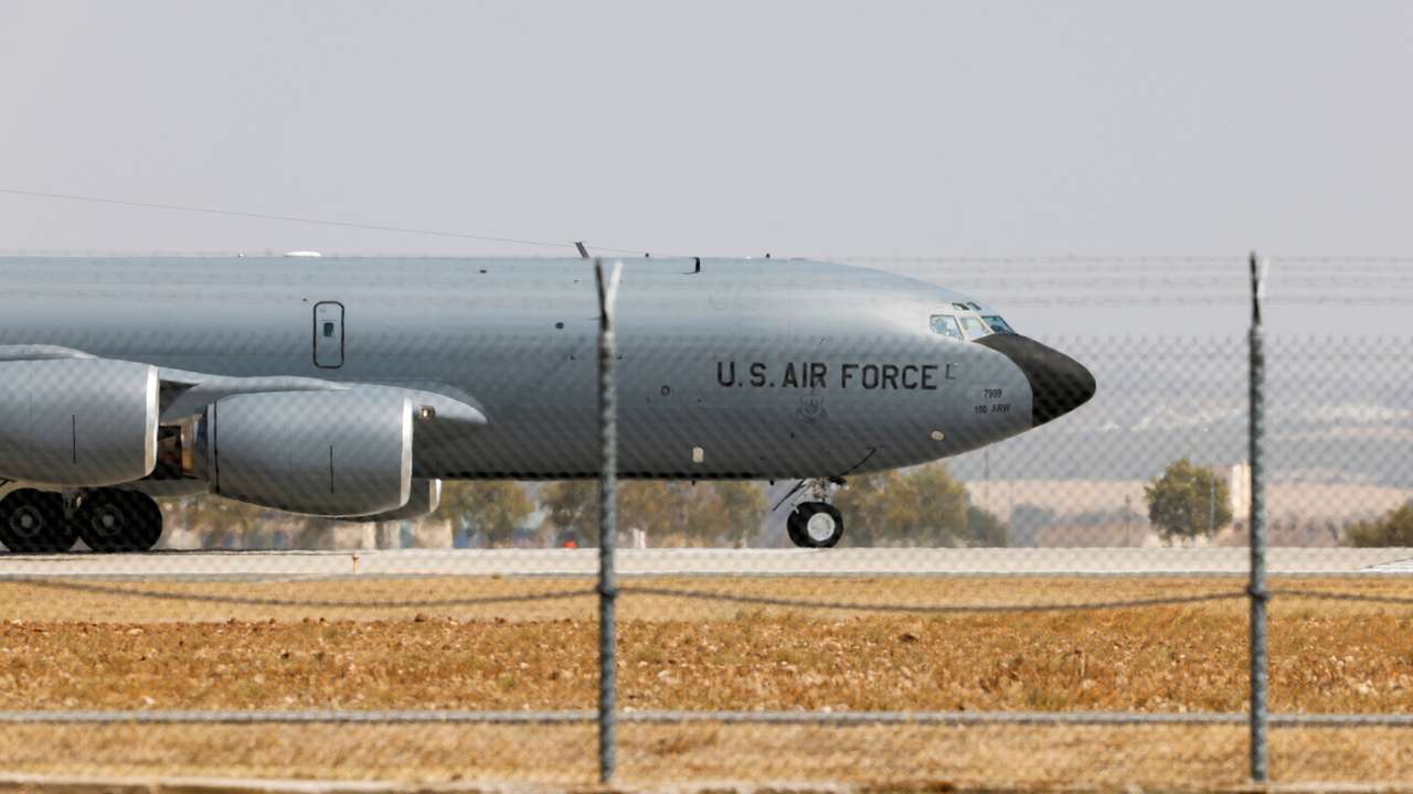 FILE PHOTO: A US Airforce Boeing KC-135 Stratotanker taxies at the Moron Air Base in Moron de la Frontera, southern Spain