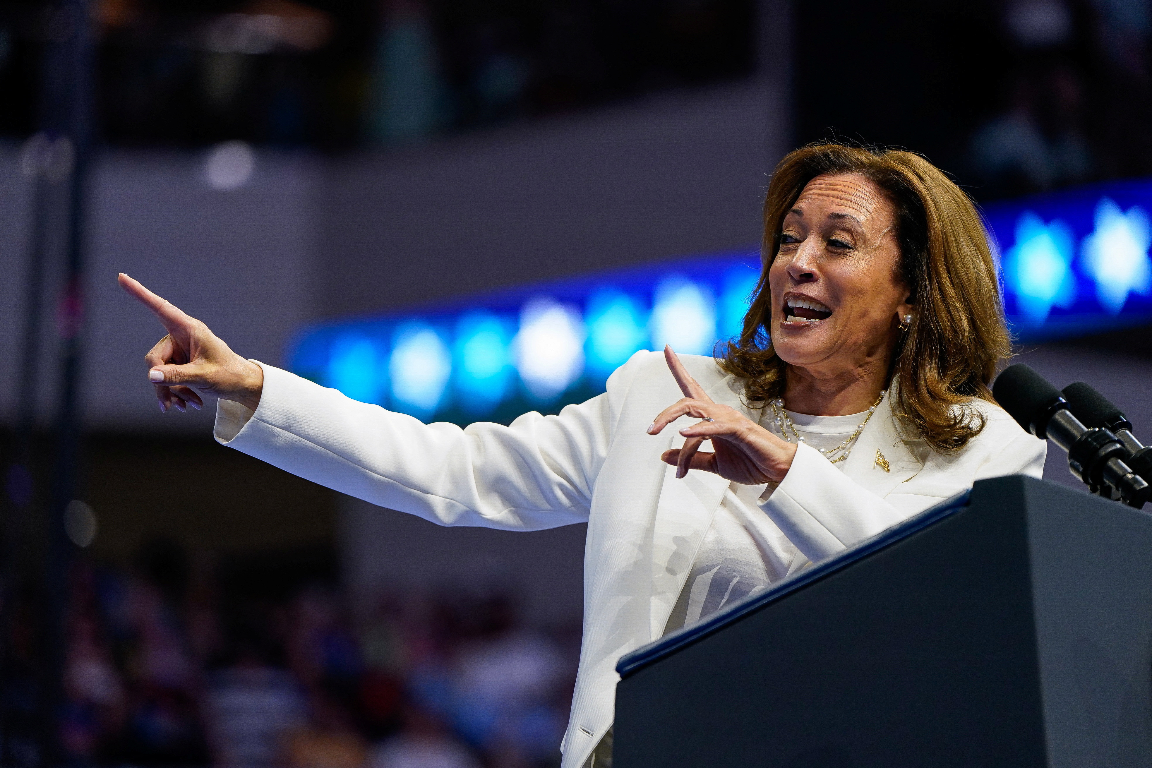 Democratic presidential nominee and U.S. Vice President Kamala Harris delivers remarks at a campaign rally in Savannah