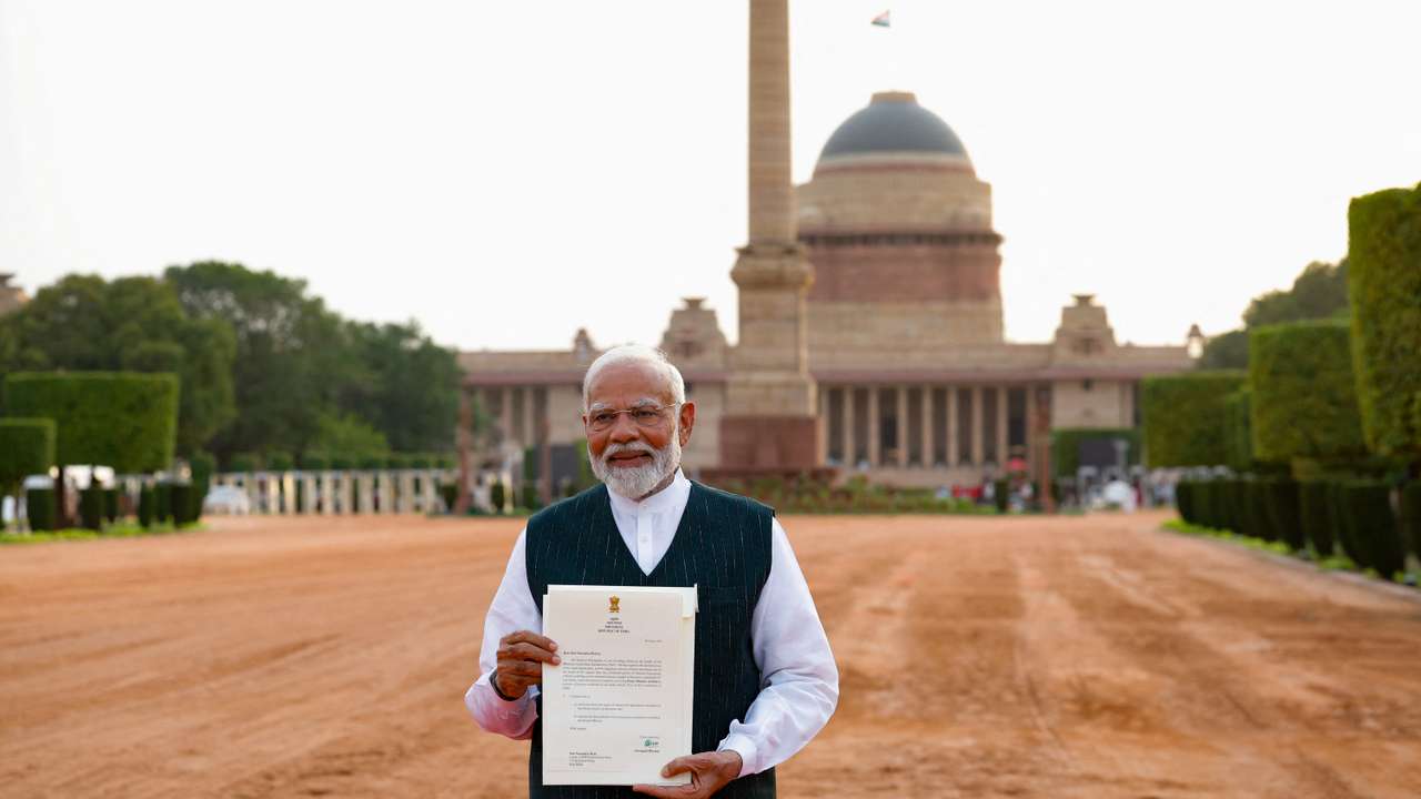 India's Prime Minister Narendra Modi addresses the media after his meeting with President Droupadi Murmu