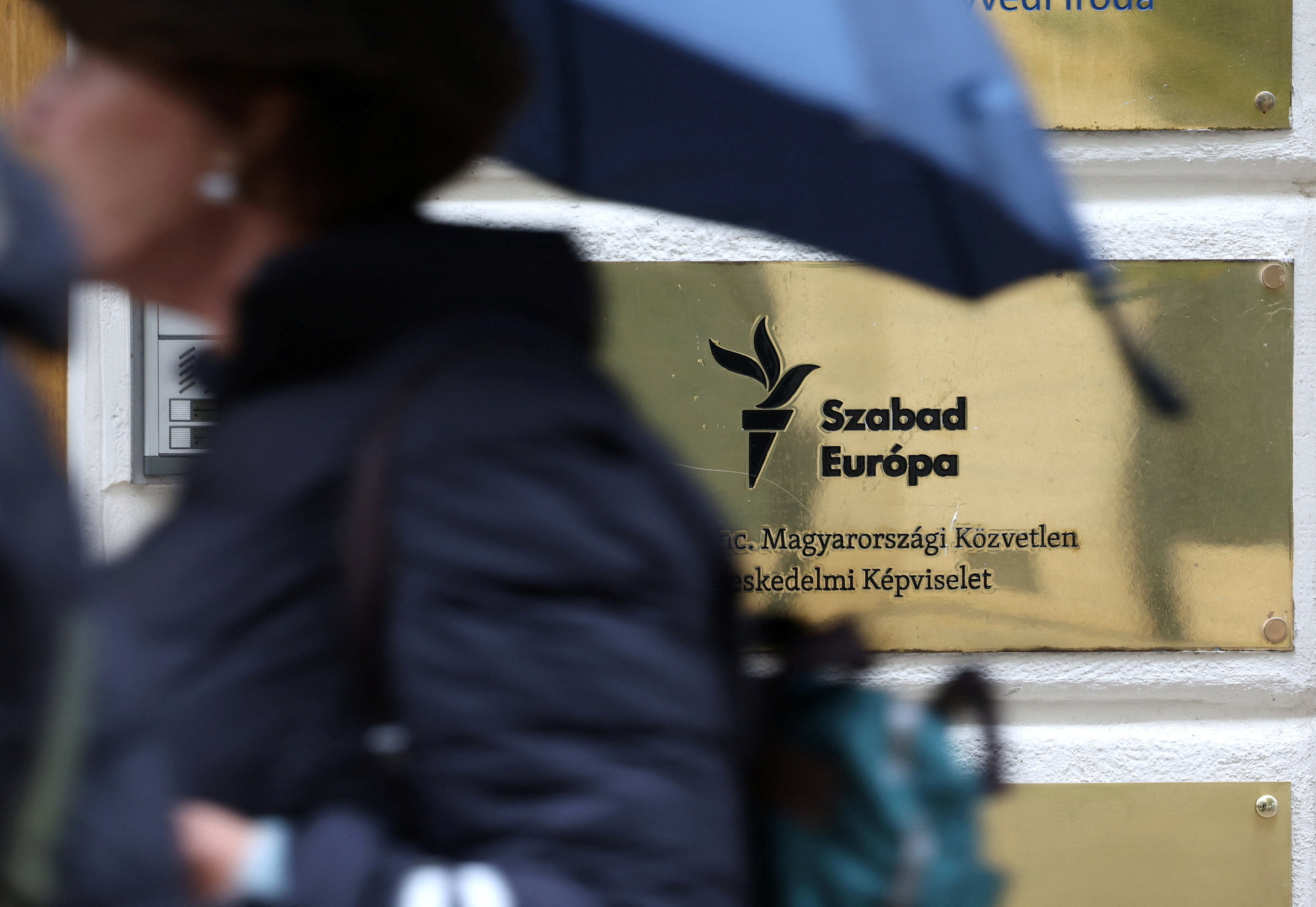 Logo of U.S.-funded Radio Free Europe/Radio Liberty (RFE/RL) in Budapest